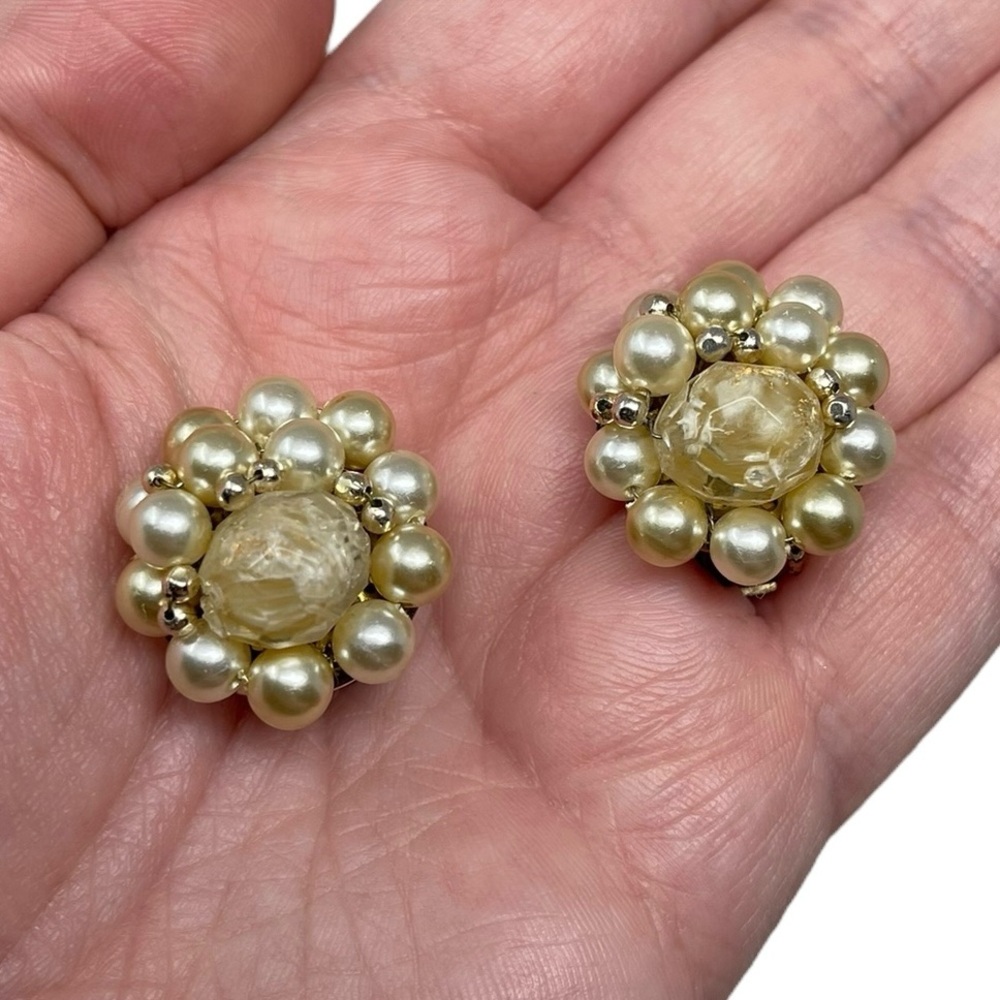 Vintage Signed Japan Gold Tone Bead Cluster Clip On Earrings Classy Formal